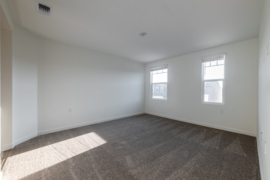 A room with a carpet and windows.