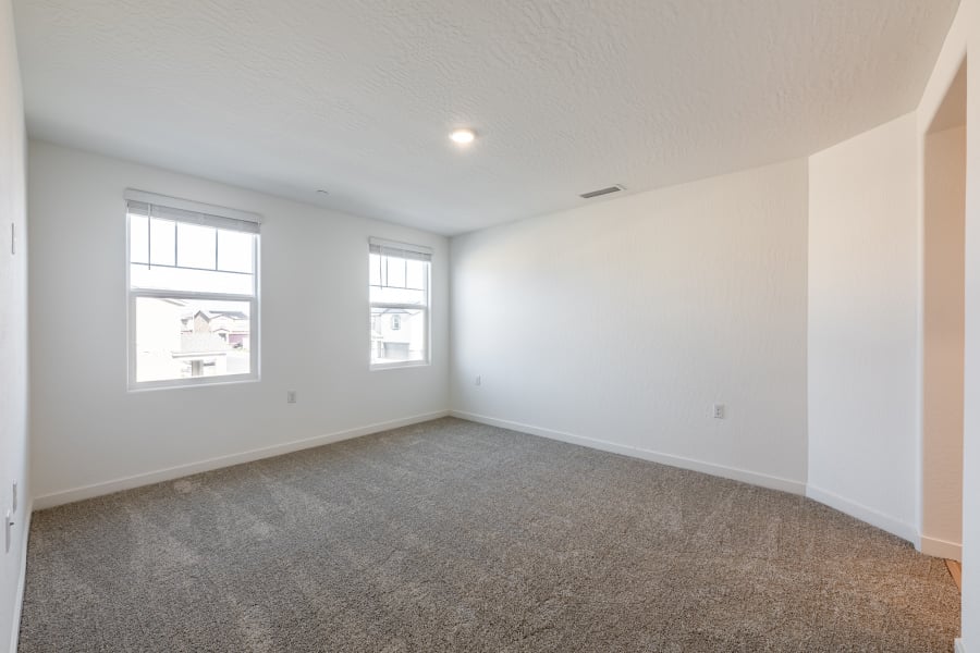 A room with windows and a carpet.