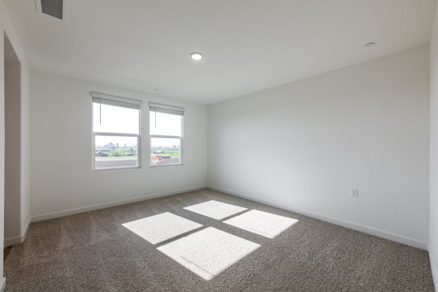 A room with a rug and windows.
