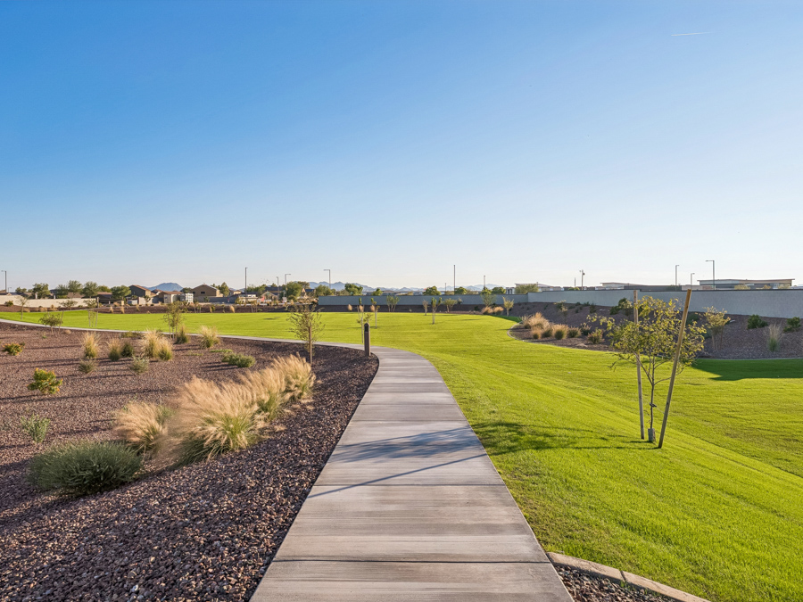 A walkway with grass and trees.