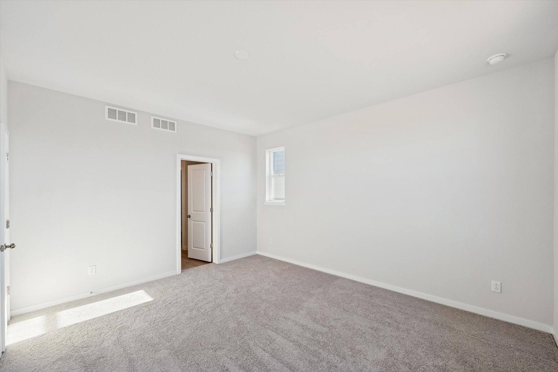 A room with a carpet and a door.