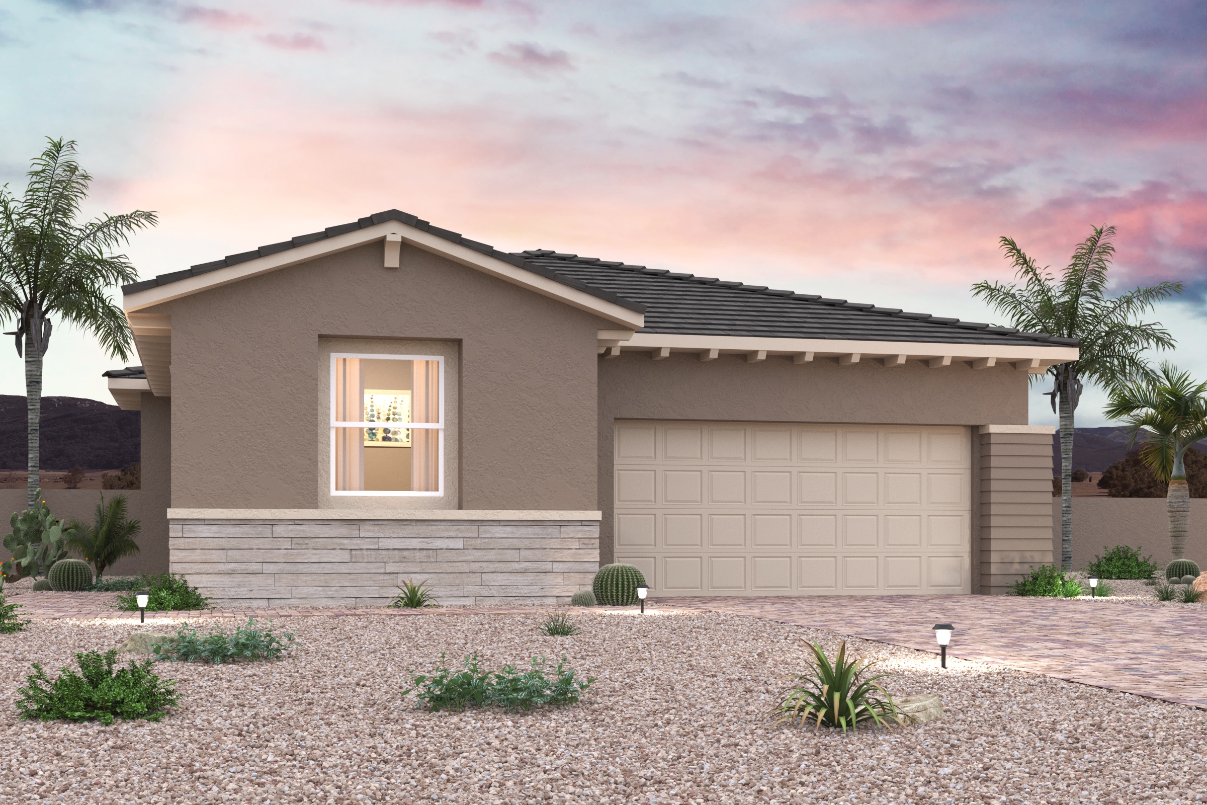 A house with a garage and trees.