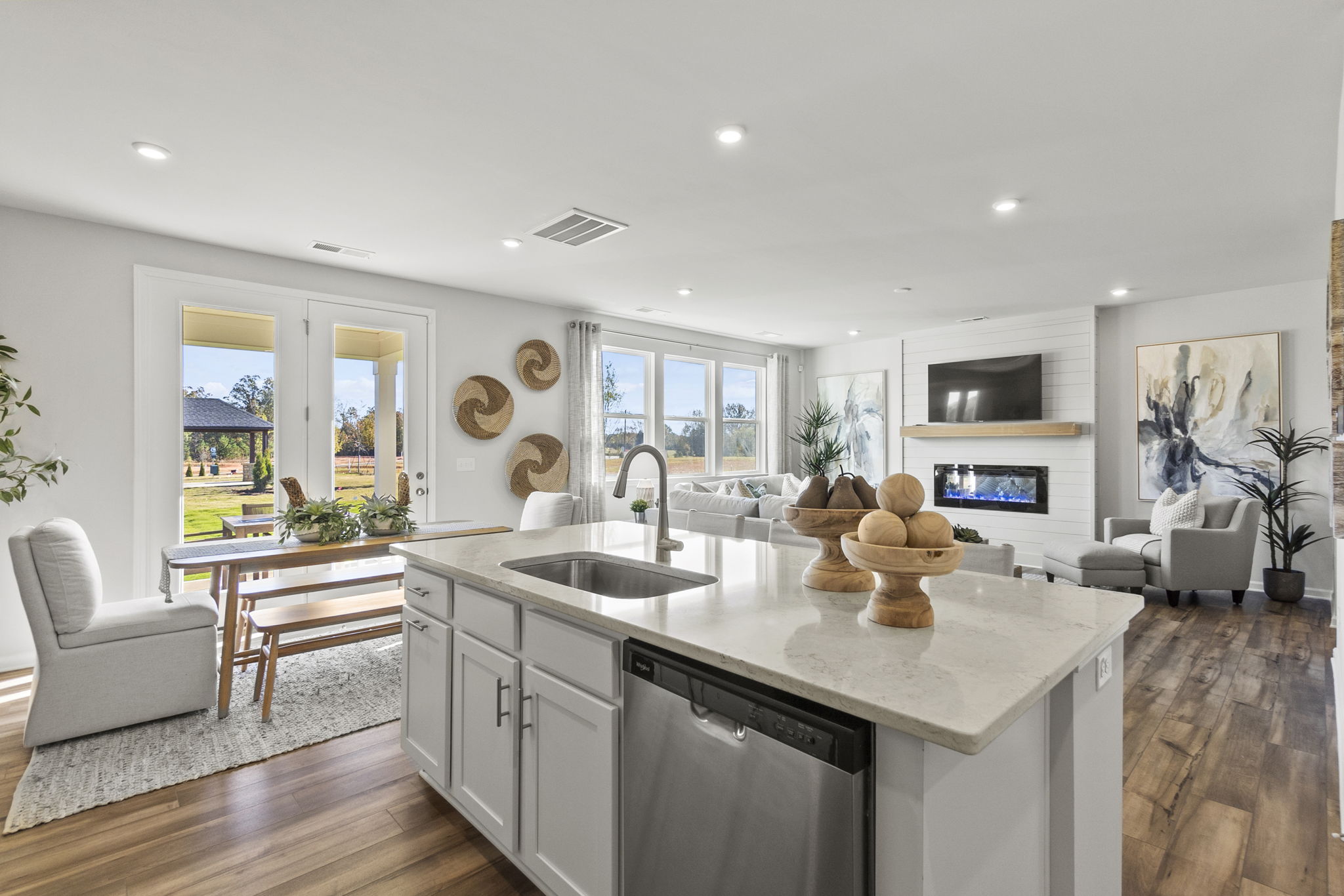 A kitchen with a large island.