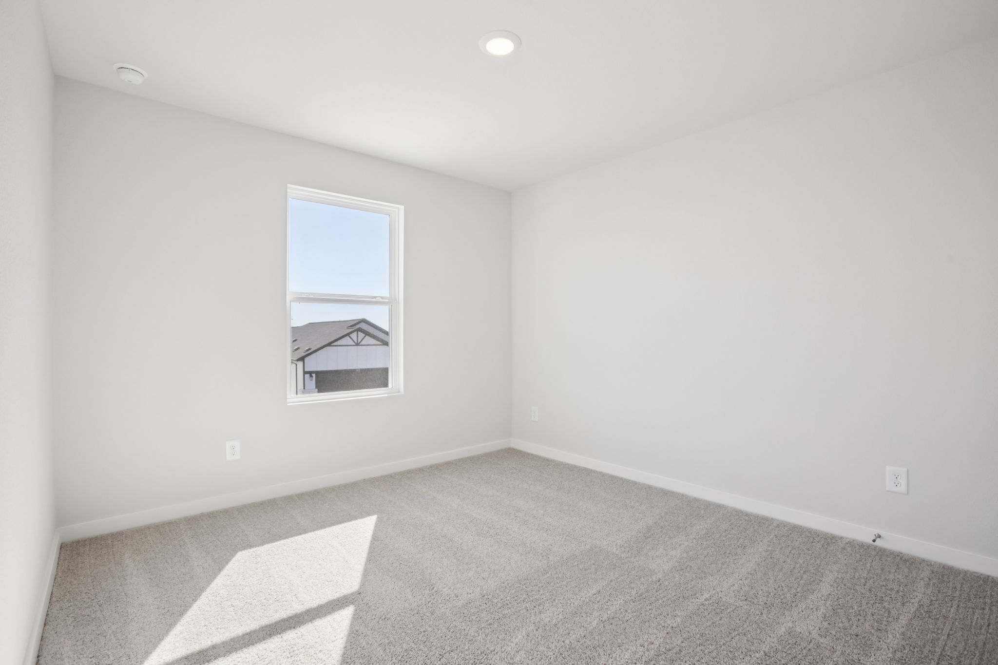 A room with a window and a rug.