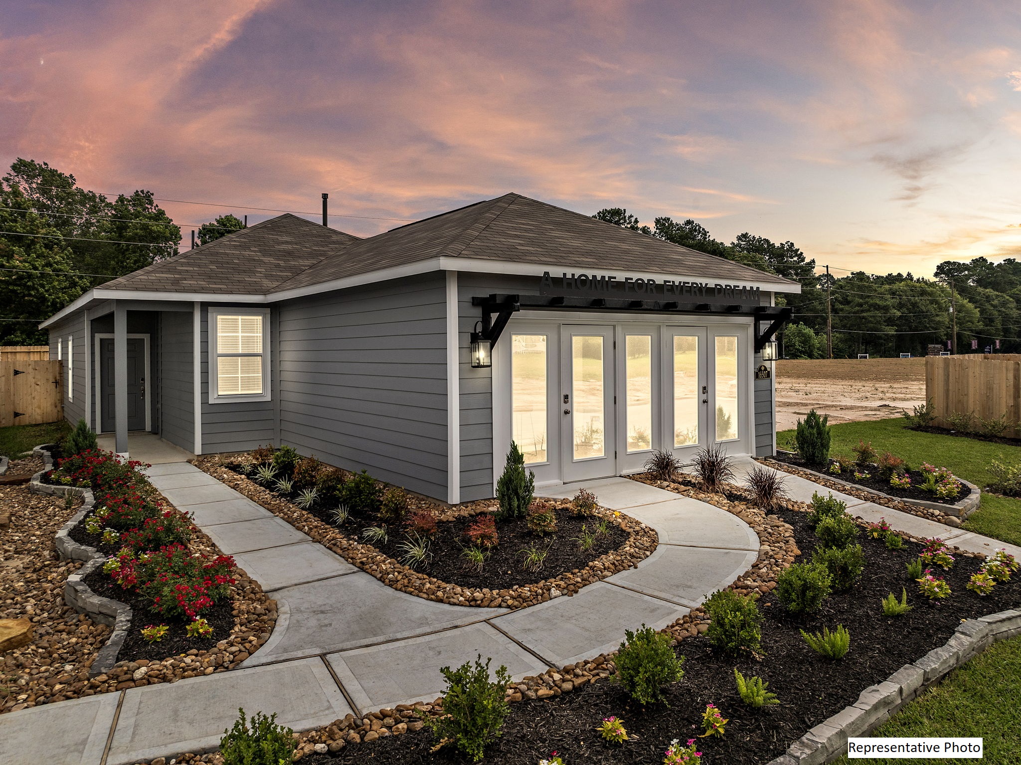 A house with a garden.