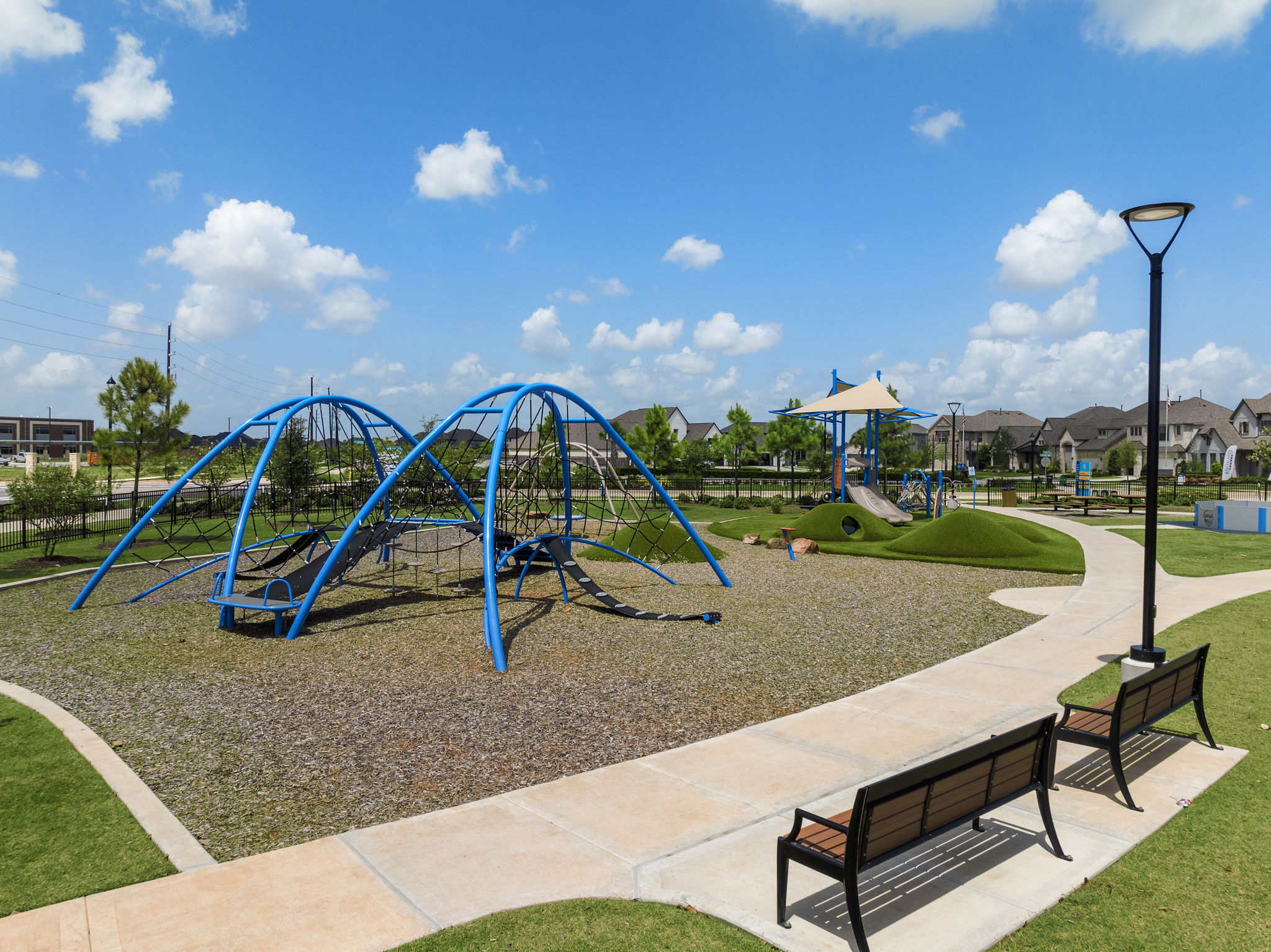 A playground with benches.