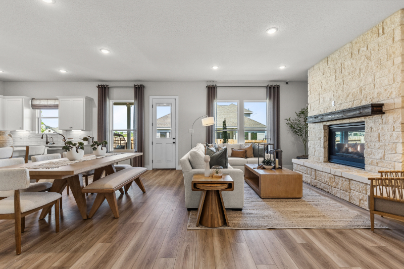 A living room with a fireplace.