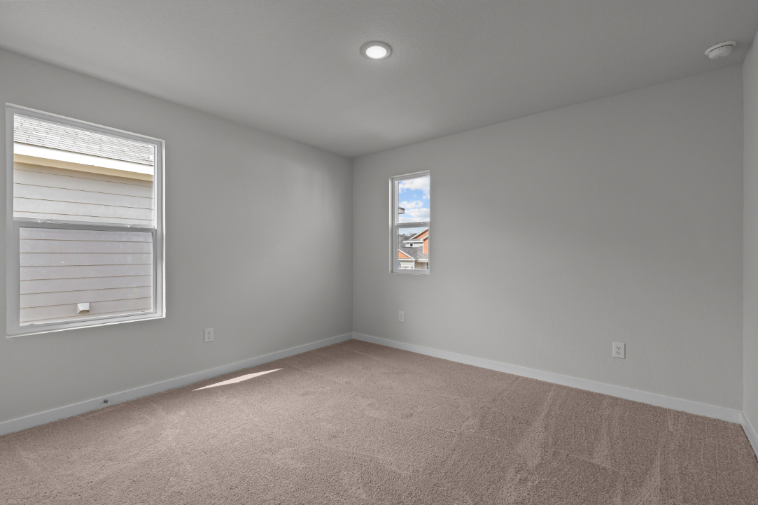 A room with a carpet and windows.