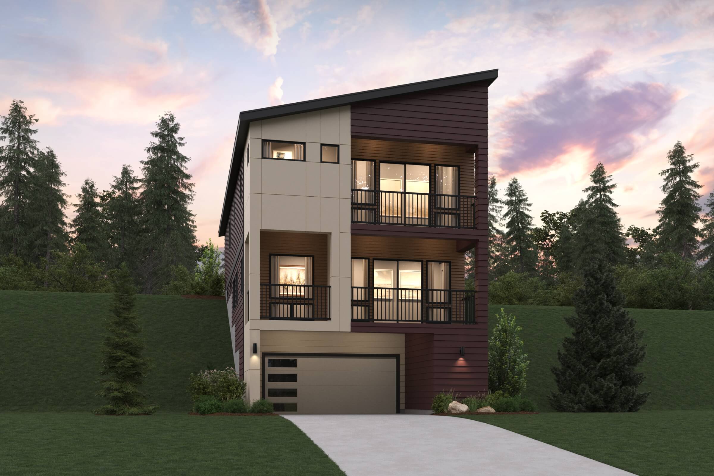 A house with a driveway and trees around it.