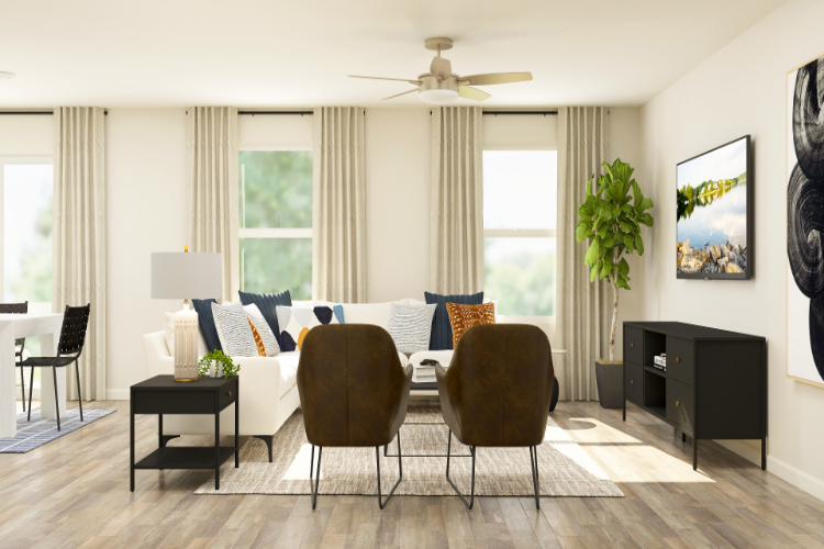 A living room with a large window.