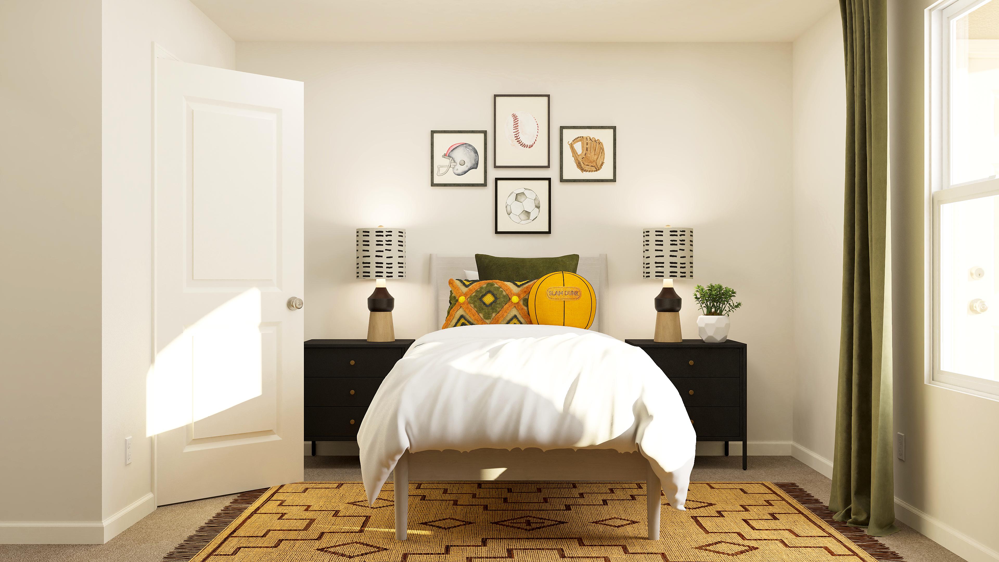 A bedroom with a bed and a table.